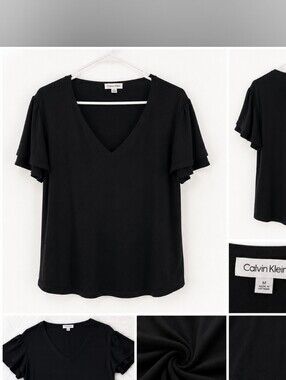 Calvin Klein Black V-Neck Flutter Sleeve Tee